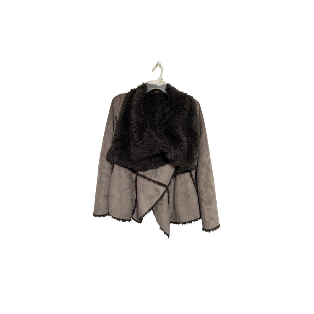Fever Faux Fur Open Front Jacket L Brown Sherpa Lined Asymmetrical Hem Cozy - Picture 5 of 11